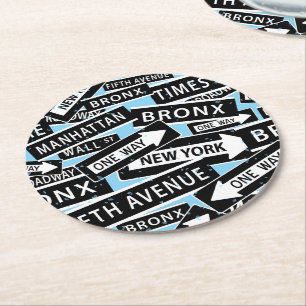 New York City Street Sign Mönster på Light Blue Underlägg Papper Rund