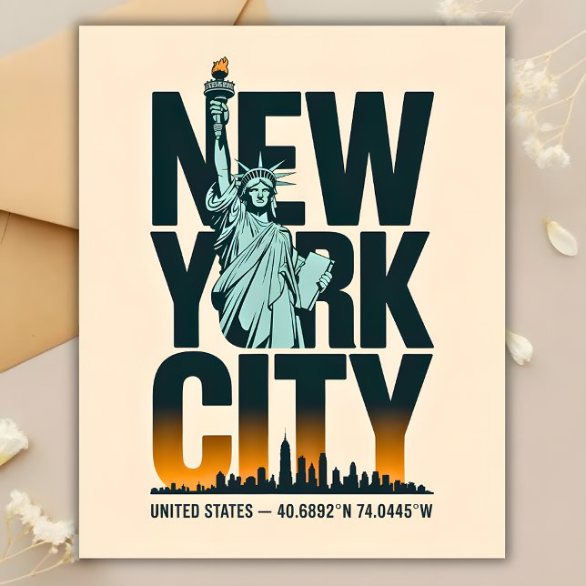 New York City Typografi Stadens Siluett Frihetsgud Vykort (New York City Typography Statue of Liberty Skyline Postcard)