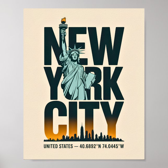 New York City Typography Frihetsgudinnan Skyline Poster (Framsidan)
