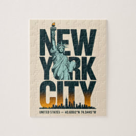 New York City Typography Frihetsgudinnan Skyline Pussel