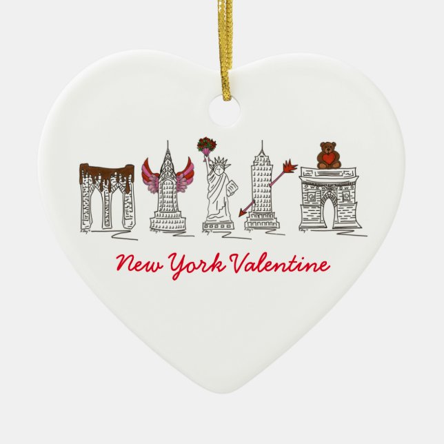New York City Valentines Day NYC Heart Landmarks Julgransprydnad Keramik (Framsidan)