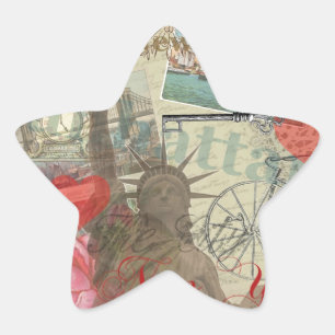New York City Vintage Liberty Skyline Symbol Art Stjärnformat Klistermärke