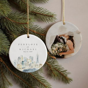 New York City Watercolor Skyline Bröllop Photo Julgransprydnad Keramik