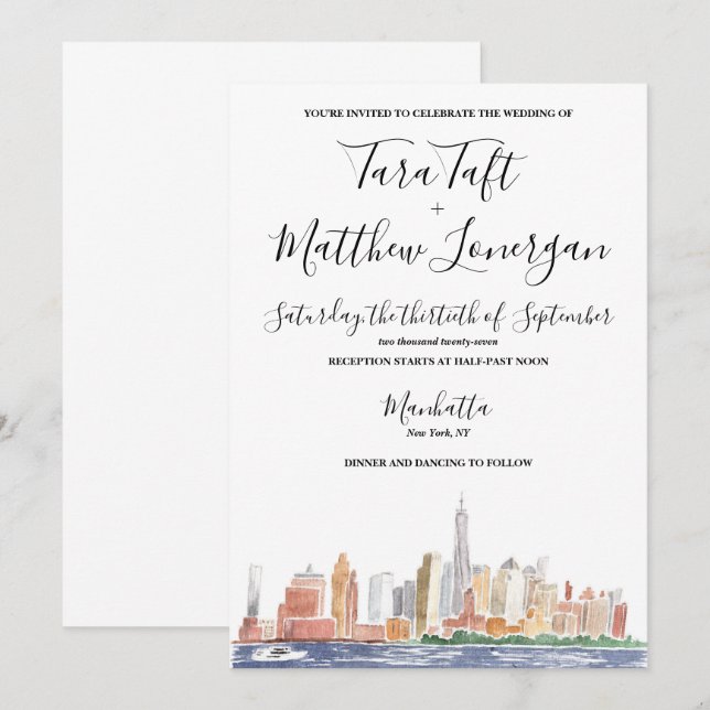 New York City Watercolor Wedding Invitation Inbjudningar (Fram/baksida)