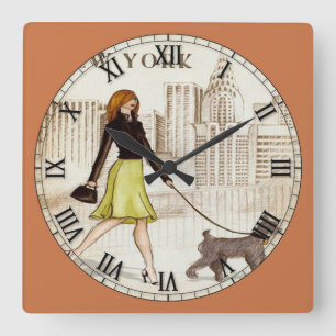 New York Dam Walking Hund Roman Numerisk Fyrkantig Klocka