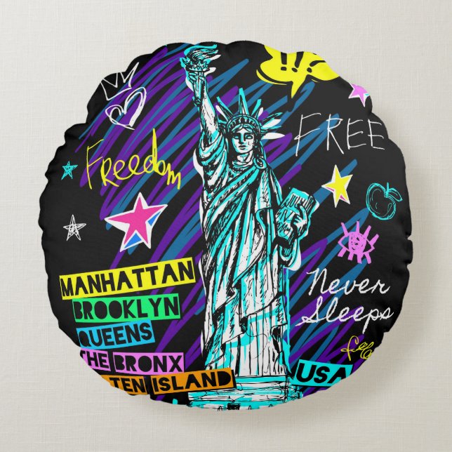 New York Doodle Rund Kudde (Framsidan)