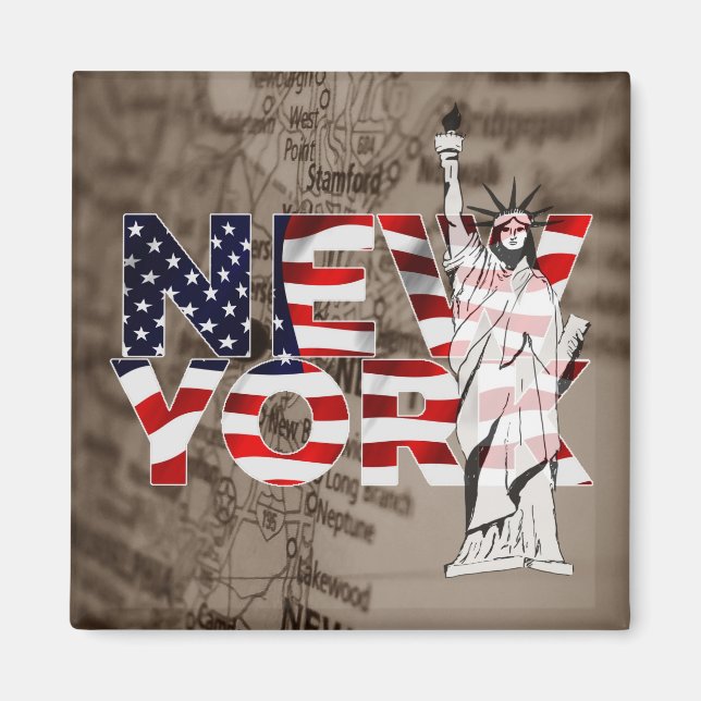 New York Flagga Karta Liberty Collage Magnet (Framsidan)