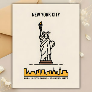 New York Frihetsgudinnan Minimal Line Art Travel Vykort