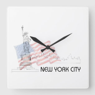 New York - Frihetsgudinnan USA flagga Fyrkantig Klocka