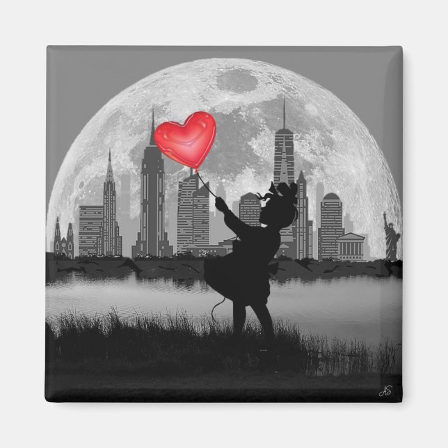 NEW YORK Full Moon Flickan med hjärtballongmagnet Magnet (Framsidan)