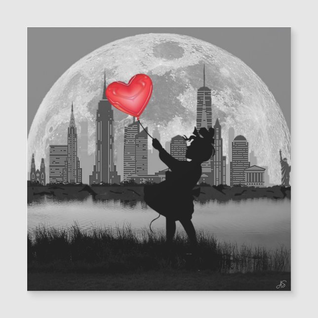 NEW YORK Full Moon Girl with Balloon Magnetic Card (Framsida)