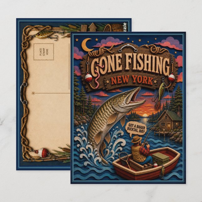 New York Gone Fishing Muskellunge Vykort (Fram/baksida)