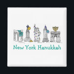 New York Hanukkah NYC Chanukah Jewish Helgdagars Magnet<br><div class="desc">Har en originalmarkörillustration av klassiska New York City-markeringar, inklusive Washington Square Arch, Brooklyn Bridge och Frihetsgudinnan, "klädd" för helgdagarna. Perfekt för alla som bor i eller kärlek under NYC-säsongen under Hanukkah. Denna illustration finns även på andra produkter. Ser du inte vad du är tittar för? Behöver du hjälp med anpassning?...</div>