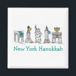New York Hanukkah NYC Chanukah Jewish Helgdagars Magnet<br><div class="desc">Har en originalmarkörillustration av klassiska New York City-markeringar, inklusive Washington Square Arch, Brooklyn Bridge och Frihetsgudinnan, "klädd" för helgdagarna. Perfekt för alla som bor i eller kärlek under NYC-säsongen under Hanukkah. Denna illustration finns även på andra produkter. Ser du inte vad du är tittar för? Behöver du hjälp med anpassning?...</div>