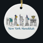 New York Hanukkah NYC Landmarks Jewish Helgdag Julgransprydnad Keramik<br><div class="desc">New York Hanukkah-prydnadsföremål har New York City-landmärken som är "klädda" för Hanukkah i gyltor,  menorahs,  drömidels och ljus. Skapat från en originalmarkörillustration. Ser du inte vad du är tittar för? Behöver du hjälp med anpassning? Kontakta Rebecca för att få något designat bara för dig.</div>