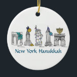 New York Hanukkah NYC Landmarks Jewish Helgdag Julgransprydnad Keramik<br><div class="desc">New York Hanukkah-prydnadsföremål har New York City-landmärken som är "klädda" för Hanukkah i gyltor,  menorahs,  drömidels och ljus. Skapat från en originalmarkörillustration. Ser du inte vad du är tittar för? Behöver du hjälp med anpassning? Kontakta Rebecca för att få något designat bara för dig.</div>