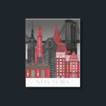 New York-höjder efter natt - röd Canvastryck<br><div class="desc">"New York Elevations by Night Red" av Fab Funky. Har populära New York City-landmärken i natt i ett rött och grått färg.</div>