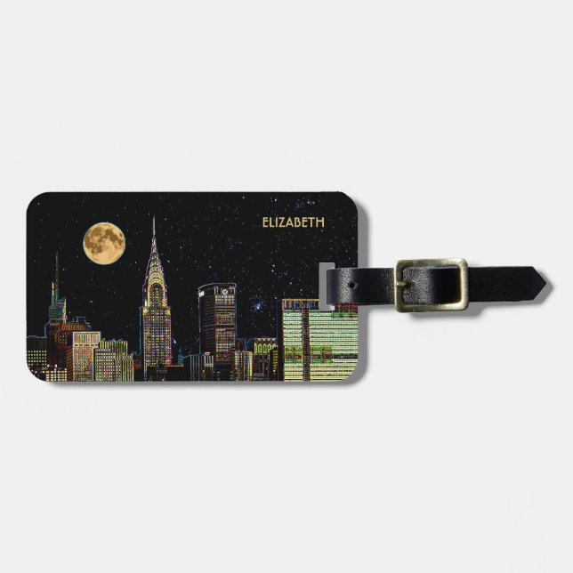 New York horisont på natten med fullmånen Bagagebricka (Horisontell Framsida)