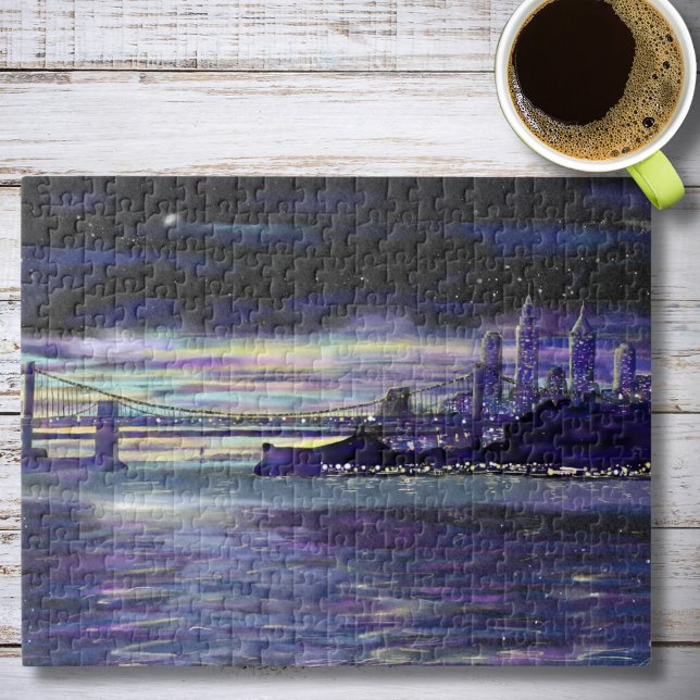 New York Hudson River Manhattan Lila Sunset Art Pussel (New York manhattan sunset artwork 252 piece jigsaw puzzle )