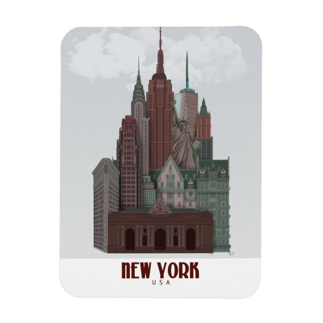 New York i Clouds - Mörk Red and Grönt Magnet (Vertikal)