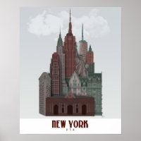 New York i Clouds - Mörk Red and Grönt