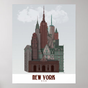 New York i Clouds - Mörk Red and Grönt Poster