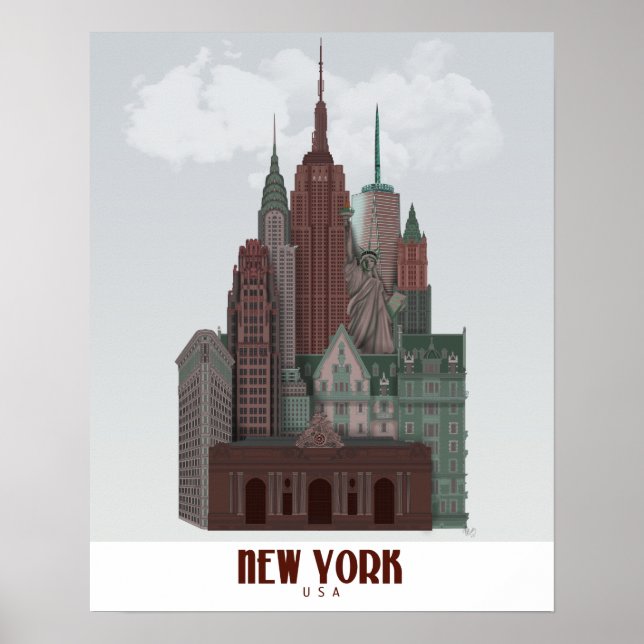 New York i Clouds - Mörk Red and Grönt Poster (Framsidan)