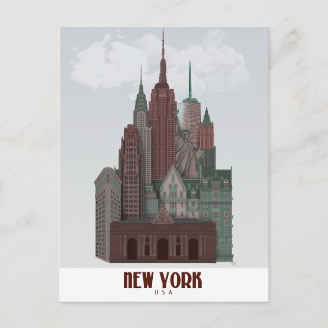 New York i Clouds - Mörk Red and Grönt Vykort (Framsida)
