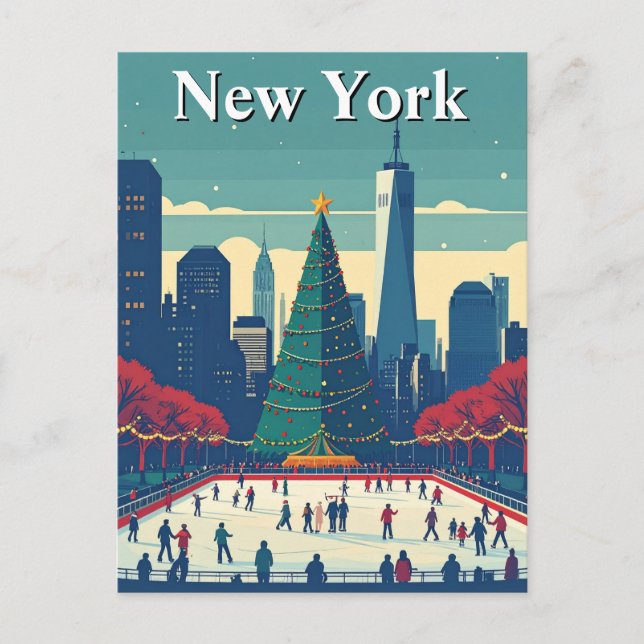 New York Ice Rink Julgran Helgdag Travel Vykort (Framsida)