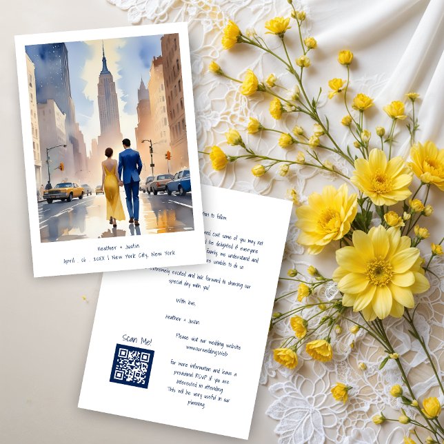 New York Iconic Building Cute Cityscape Wedding Spara Datumet (New York Iconic Building Colorful Cityscape Wedding Couple Illustration Save the Dates Cards. )
