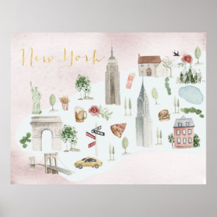 New York Illustrated Watercolor Wall Art Poster