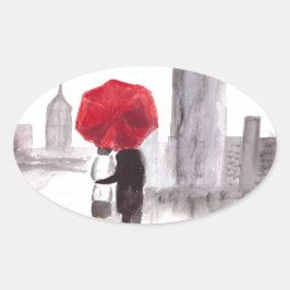 New York kärlek-par med rött paraply Ovalt Klistermärke