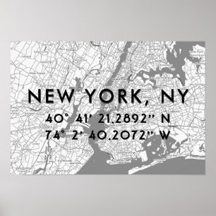 New York Karta Black White & Grått Personlig Poster