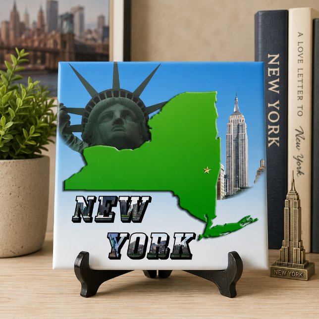 New York-karta, Frihetsgudinnan, Monument Kakelplatta (New York Map, Statue of Liberty, Monument Tile)