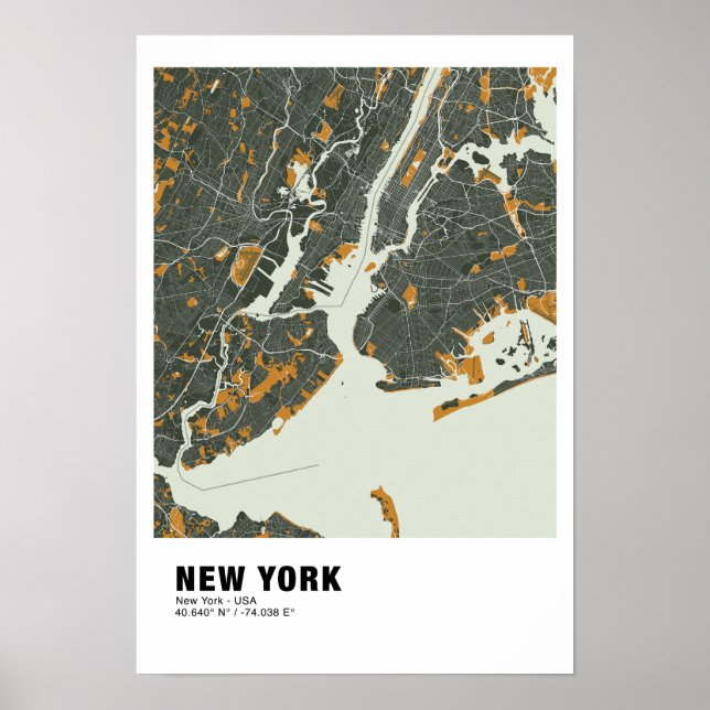 New York Karta Poster - New York Grönt & Gult Kart (Framsidan)