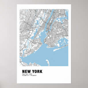 New York Karta Poster - New York White Karta