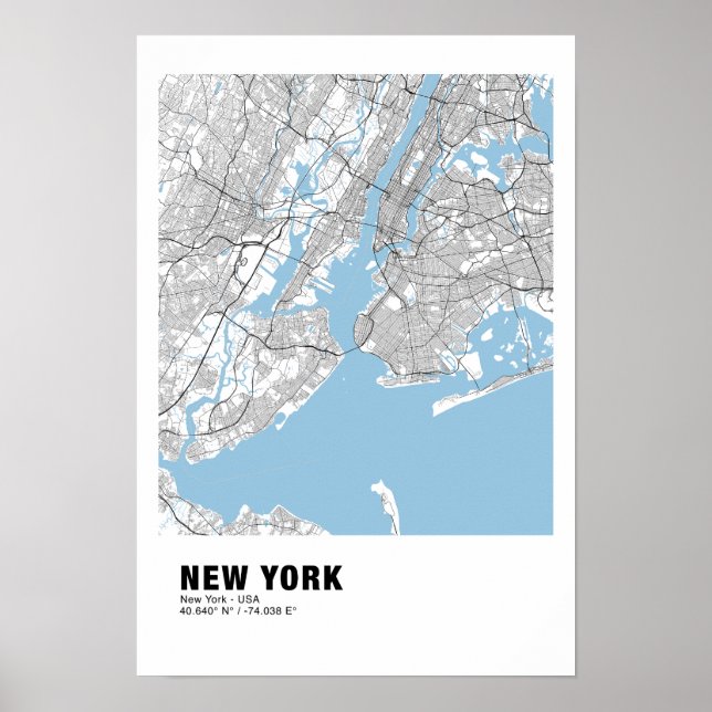 New York Karta Poster - New York White Karta (Framsidan)