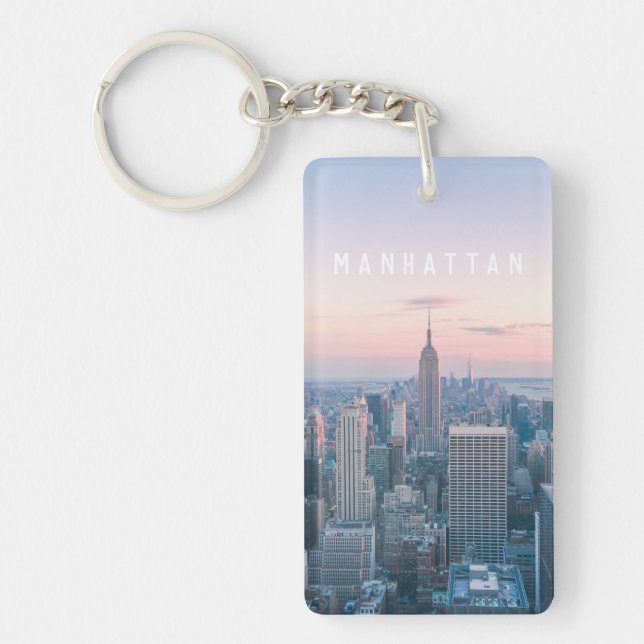 New York Manhattan Text Rosa Blue Skyline Sunset Nyckelring (Framsidan)