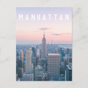 New York Manhattan Text Rosa Blue Skyline Sunset Vykort