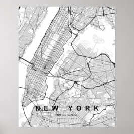 New York Minimalistisk Karta (Svart & Vitt) Poster