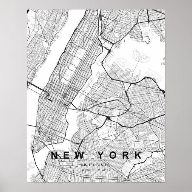 New York Minimalistisk Karta (Svart & Vitt) Poster (Framsidan)
