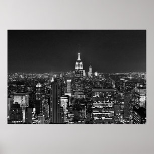 New York nattskyline i svartvitt Poster