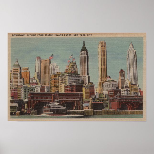New York, NY - Downtown Skyline från Staten Poster (Framsidan)
