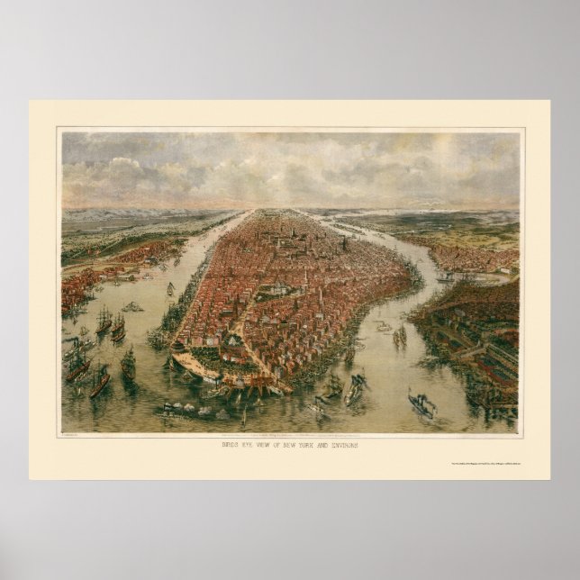 New York, NY Panoramic Karta - 1865 Poster (Framsidan)