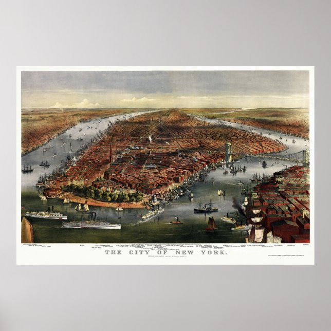 New York, NY Panoramic Karta - 1870 Poster (Framsidan)