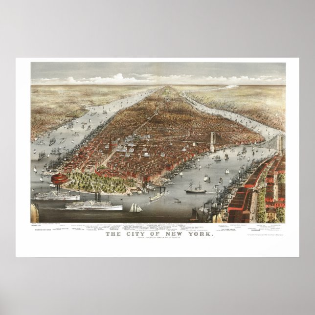 New York, NY Panoramic Karta - 1876 Poster (Framsidan)