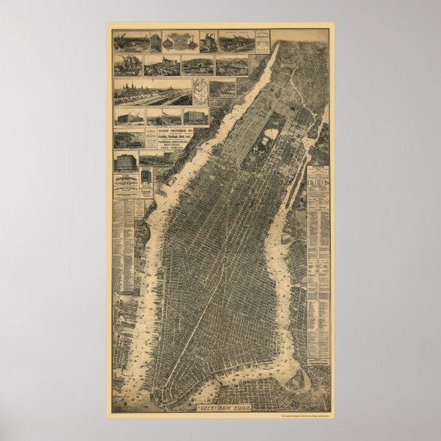 New York, NY Panoramic Karta - 1879 Poster (Framsidan)