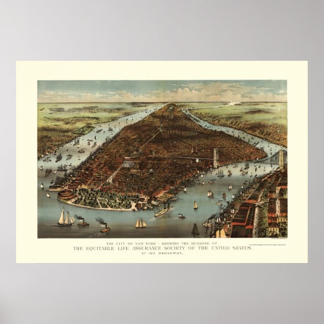New York, NY Panoramic Karta - 1883 Poster (Framsidan)