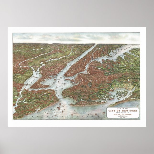 New York, NY Panoramic Karta - 1907 Poster (Framsidan)