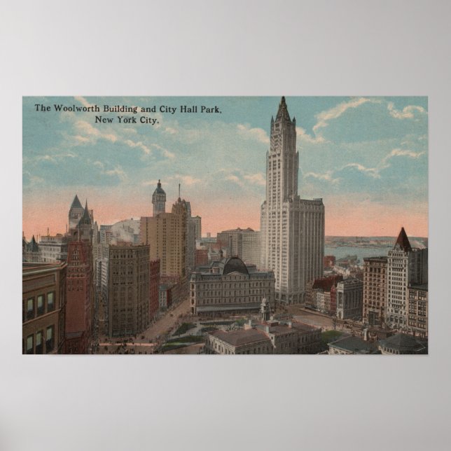 New York, NY - Woolworth Byggnad och City Hall Poster (Framsidan)